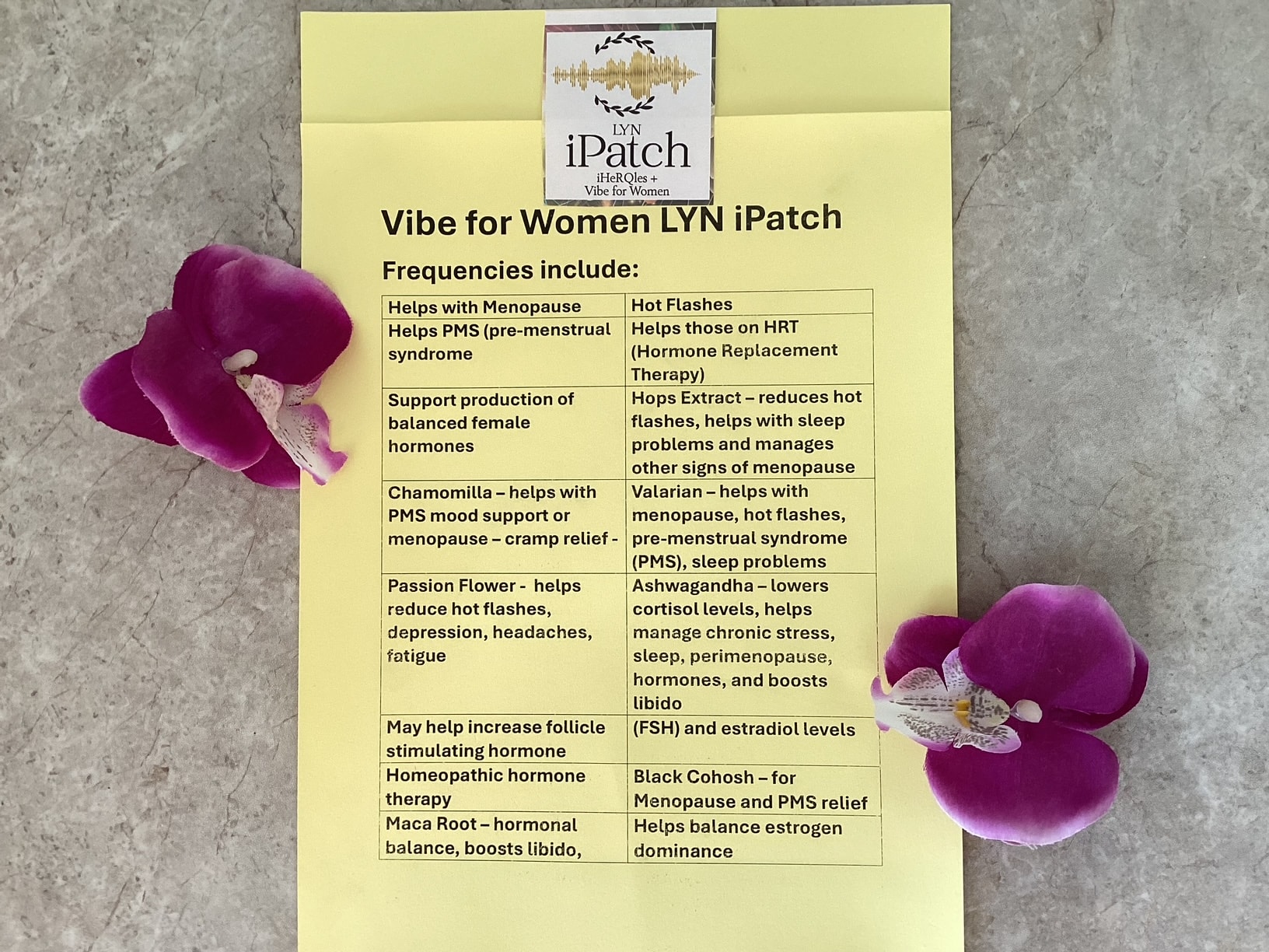 Vibe for Women LYN iPatch — frequencies include menopause, PMS, hormone balance, hot flashes and more