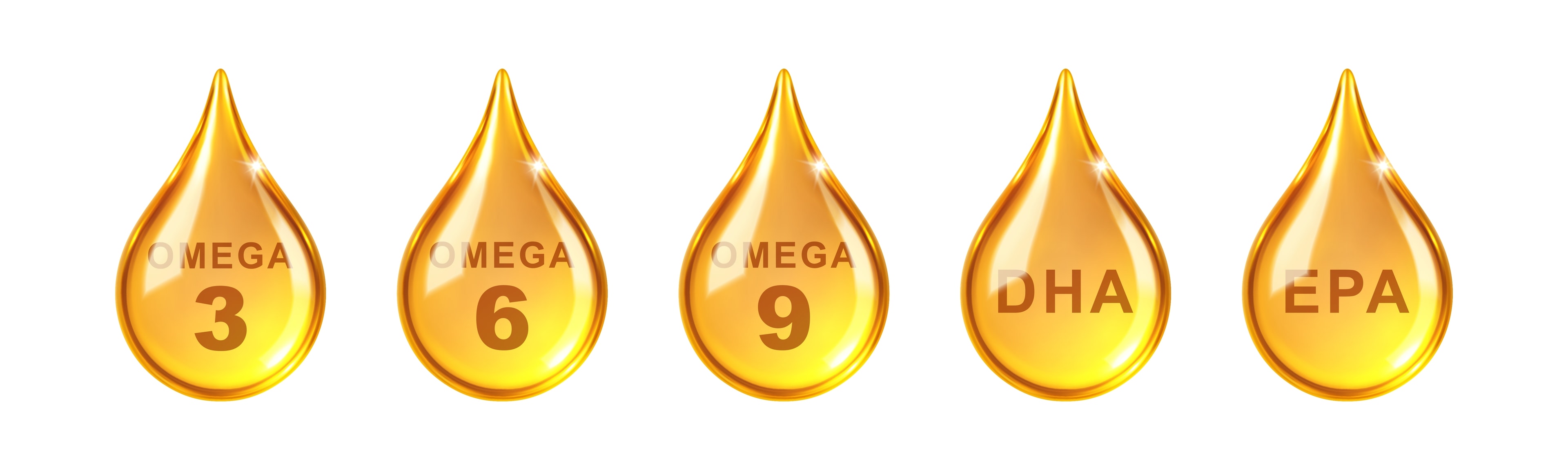 Five golden oil droplets labeled Omega-3, Omega-6, Omega-9, DHA, and EPA
